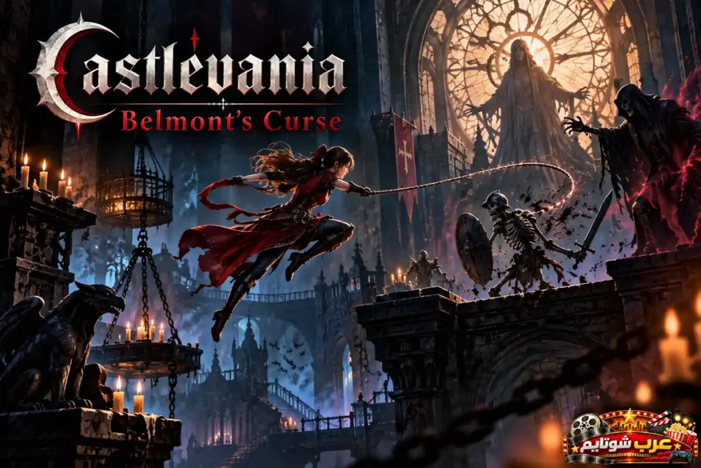 بوستر رابع للعبة Castlevania Belmonts Curse يظهر البطلة روز وهي تقاتل الأعداء والهياكل العظمية داخل القلعة
