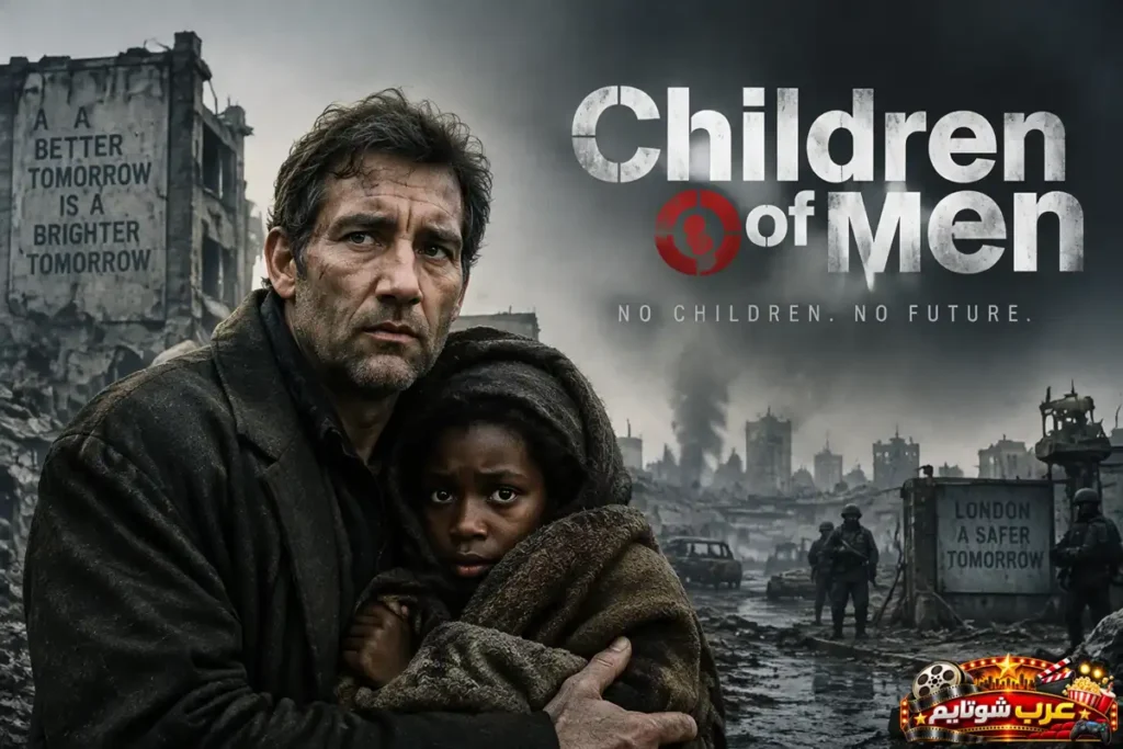 بوستر فيلم Children of Men يظهر فيه بطل يحضن طفلة وسط مدينة مدمرة وحرب وفوضى مع شعار الفيلم No Children. No Future.