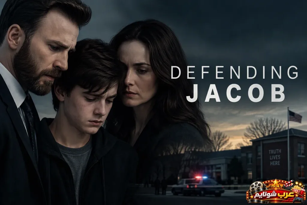ملصق مسلسل «الدفاع عن جايكوب» (Defending Jacob) يُظهر عائلة تواجه أزمة صعبة على خلفية تحقيق في جريمة قتل، ضمن أجواء درامية نفسية مشحونة بالغموض والتشويق.