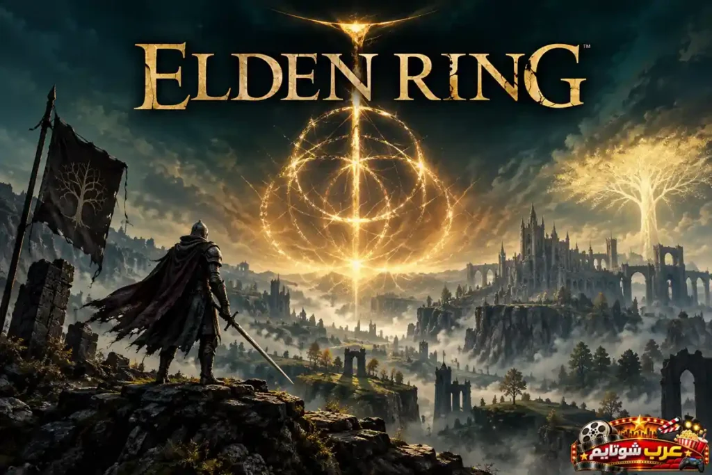 بوستر لعبة إلدن رينغ Elden Ring الرسمية يظهر فيه محارب يقف أمام عالم الأراضي الوسطى وشجرة أردتري المضيئة على بلايستيشن 5.