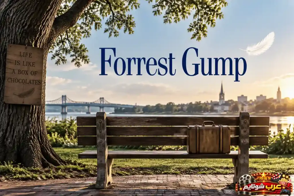 ملصق فيلم «Forrest Gump» يتضمن عنوان الفيلم باللغة الإنجليزية، مع مقعد خشبي وحقيبة سفر وريشة طائرة، في مشهد يرمز إلى رحلة الحياة والأمل واكتشاف الفرص.