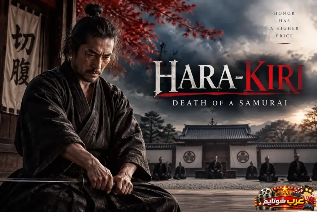 ملصق فيلم هارا-كيري: موت ساموراي Hara-Kiri: Death of a Samurai يظهر ساموراي مسناً يستعد لأداء طقوس الانتحار في قصر إقطاعي