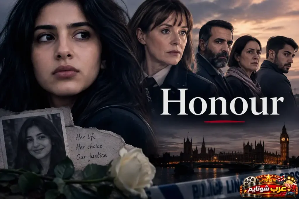ملصق مسلسل «الشرف» (Honour) يُظهر شخصيات مرتبطة بقضية جنائية حقيقية مع صور للضحية وخلفية لمدينة لندن، في أجواء تعكس البحث عن العدالة وكشف الحقيقة.