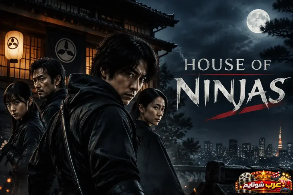 بوستر مسلسل بيت النينجا (House of Ninjas) يضم أفراد عائلة من النينجا أمام منزل ياباني تقليدي في أجواء ليلية، مع شعار المسلسل وإطلالة على مدينة حديثة في الخلفية.