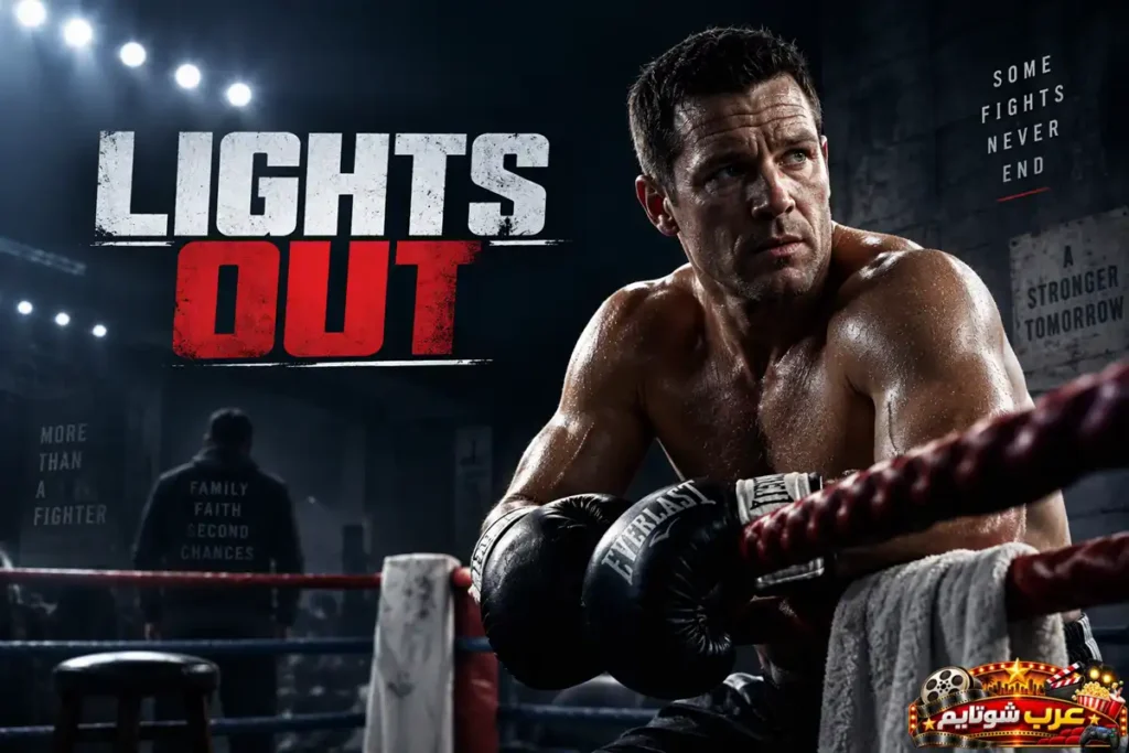 بوستر مسلسل لايتس آوت (Lights Out) يُظهر ملاكمًا محترفًا داخل حلبة الملاكمة مرتديًا قفازات القتال، مع شعار المسلسل في خلفية تعكس أجواء المنافسة والتحدي.