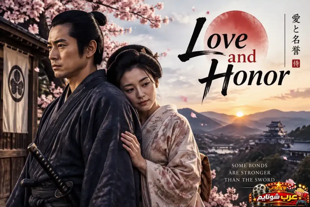 ملصق فيلم الحب والشرف Love and Honor يظهر محارب ساموراي وزوجته أمام خلفية غروب الشمس وأزهار الكرز