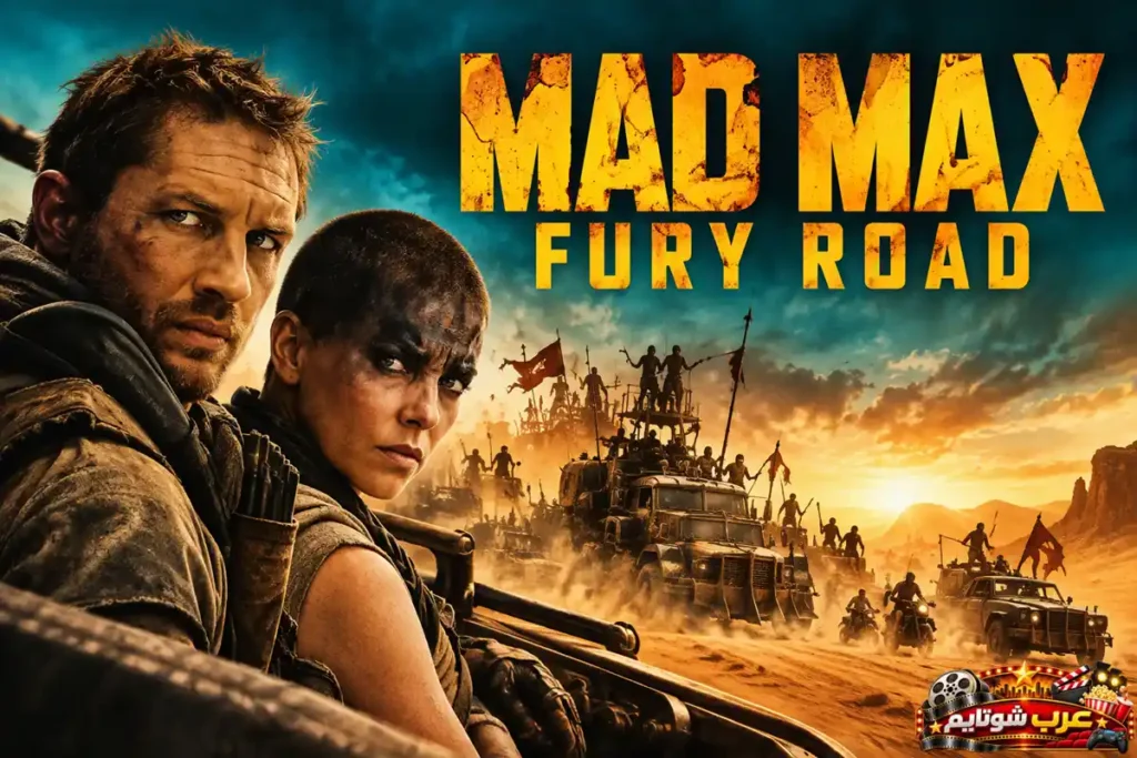 بوستر فيلم Mad Max: Fury Road يظهر فيه البطل ماكس والإمبراطورة فيوريوسا وسط صحراء شاسعة وموكب من السيارات القتالية.