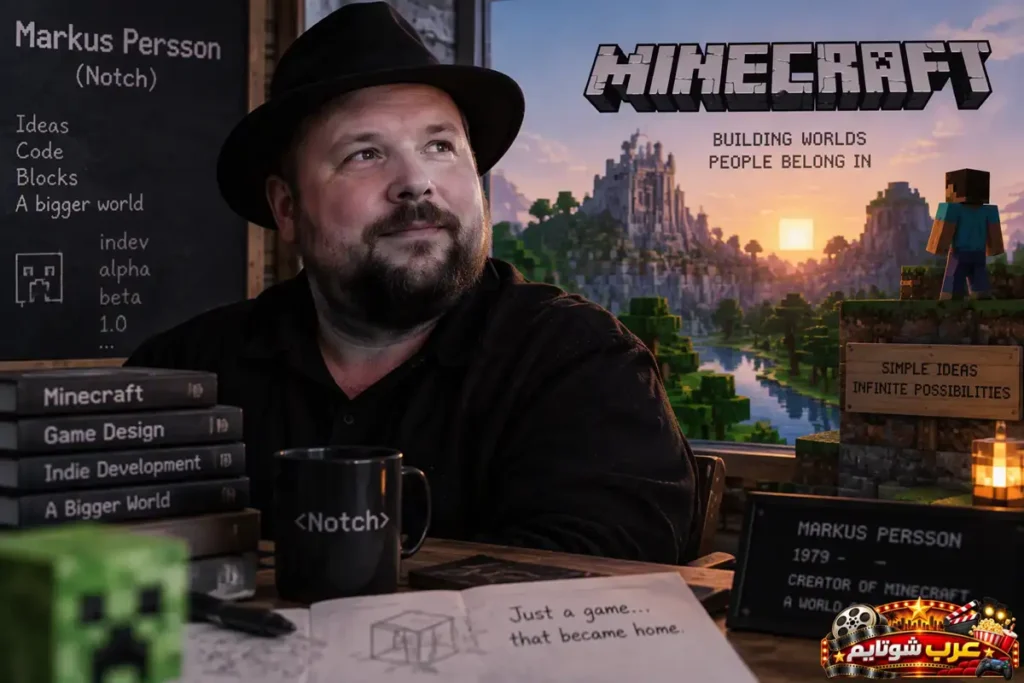 بوستر مفاهيمي يُبرز ماركوس بيرسون (Notch)، مبتكر لعبة ماينكرافت، إلى جانب عناصر من عالم Minecraft التي تحولت من فكرة بسيطة إلى واحدة من أنجح ألعاب الفيديو في التاريخ.