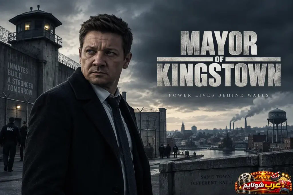 بوستر رسمي لمسلسل عمدة كينغستاون (Mayor of Kingstown) يظهر فيه الممثل جيريمي رينر على خلفية السجن والمدينة.