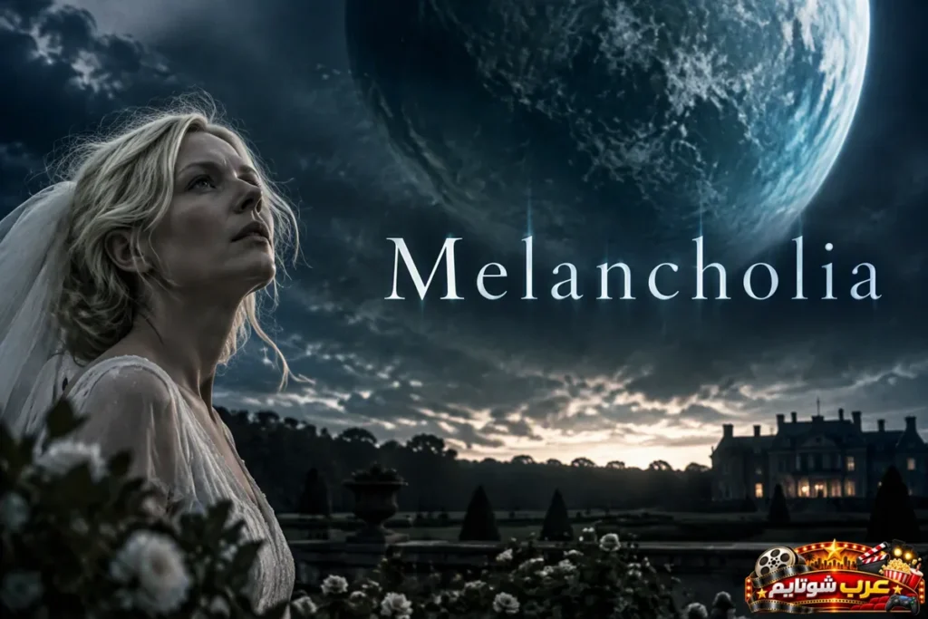 بوستر فيلم Melancholia يظهر فيه امرأة ترتدي فستان زفاف وتنظر إلى السماء حيث يظهر كوكب ضخم ومظلم.