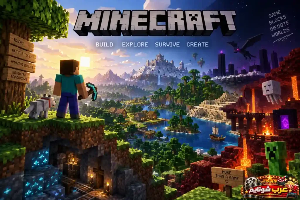 بوستر فني مستوحى من لعبة ماينكرافت يعرض أبرز عناصر عالم Minecraft، بما في ذلك الاستكشاف والبناء والتعدين والبقاء، مع ظهور شخصية Steve ومناطق Overworld وNether في مشهد واحد.