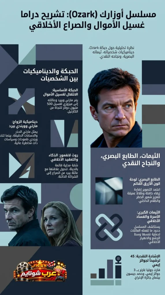 إنفوجرافيك تحليلي عن مسلسل «أوزارك» (Ozark) يستعرض القصة الرئيسية، وديناميكيات الشخصيات، والثيمات البصرية، وأبرز عناصر النجاح النقدي للمسلسل.