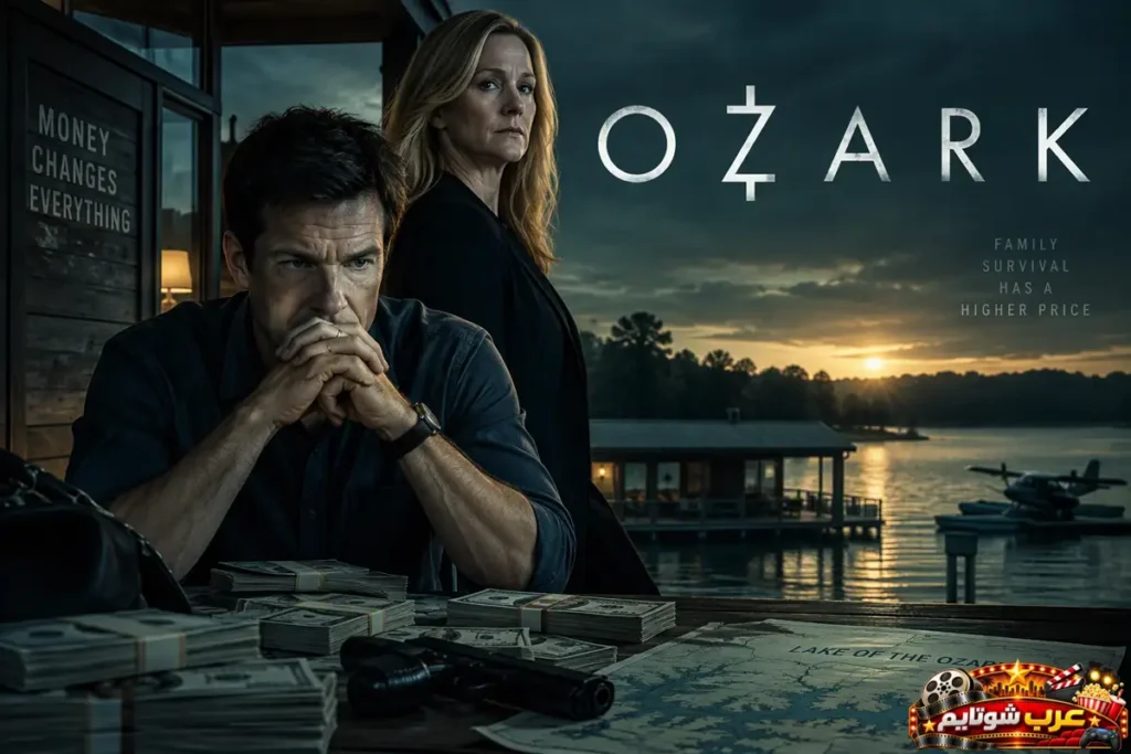 بوستر مسلسل «أوزارك» (Ozark) يُظهر الشخصيتين الرئيسيتين أمام بحيرة أوزارك مع أكوام من الأموال وخريطة للمنطقة، في مشهد يعكس عالم الجريمة وغسل الأموال والصراعات العائلية داخل المسلسل.