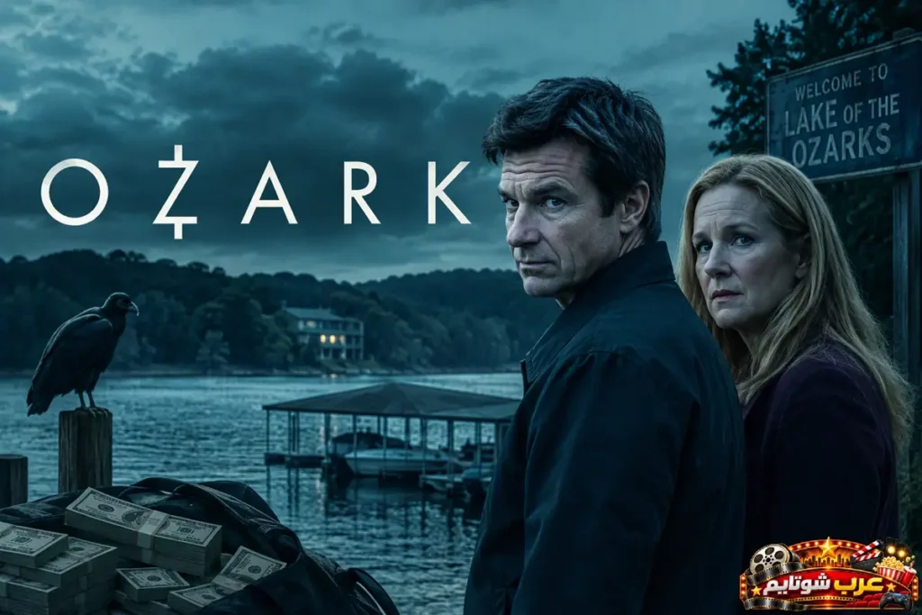 بوستر مسلسل «أوزارك» (Ozark) يُظهر الشخصيتين الرئيسيتين بجوار بحيرة أوزارك تحت سماء غائمة، مع حقيبة مليئة بالأموال وعنوان المسلسل بالإنجليزية، في أجواء تعكس التوتر والجريمة وغسل الأموال.