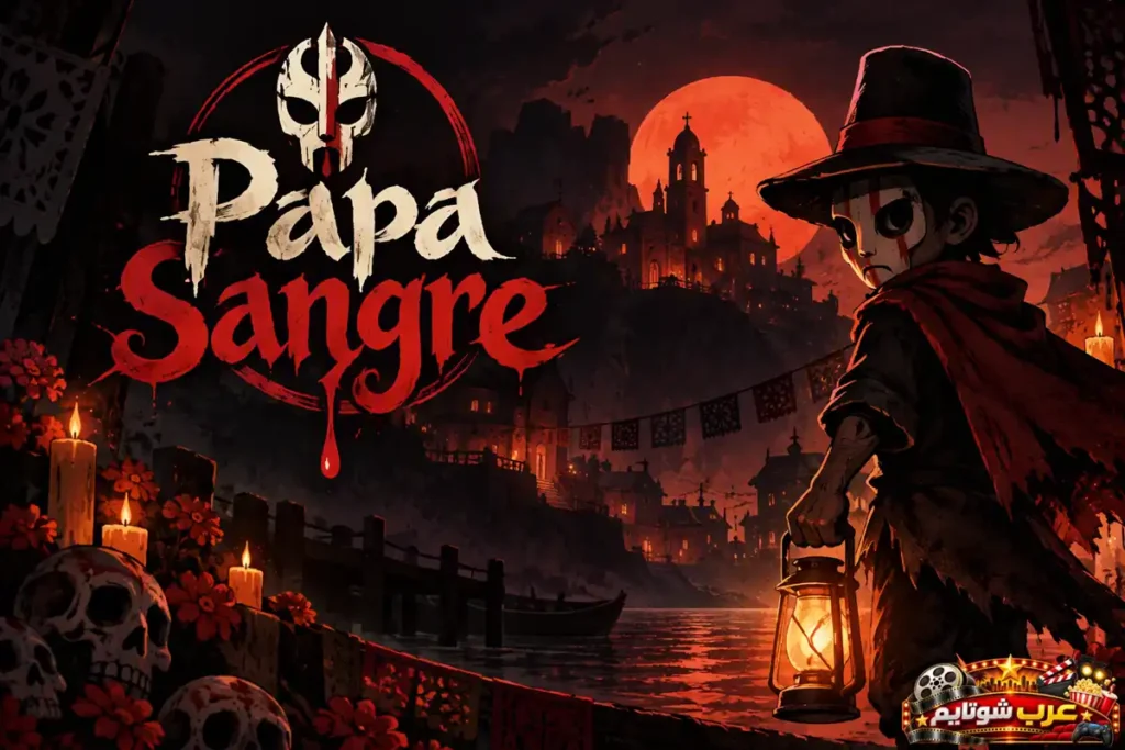 ملصق لعبة الرعب الصوتية Papa Sangre يظهر شخصية غامضة ترتدي قناعاً وقبعة وتحمل فانوساً مضيئاً ليلاً، مع خلفية لبلدة مرعبة تحت قمر أحمر وشعار اللعبة المكتوب باللون الأحمر مع جمجمة.
