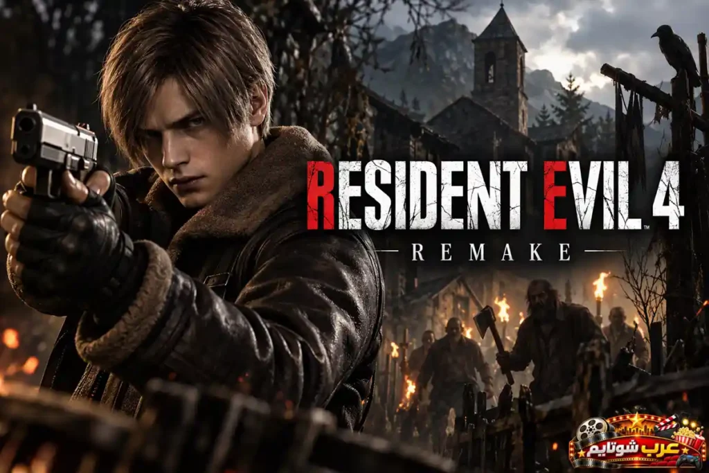 بوستر لعبة ريزدنت إيفل 4 ريميك (Resident Evil 4 Remake) الرسمية يظهر فيه البطل ليون كينيدي حاملاً مسدساً في القرية المرعبة على بلايستيشن 5.   