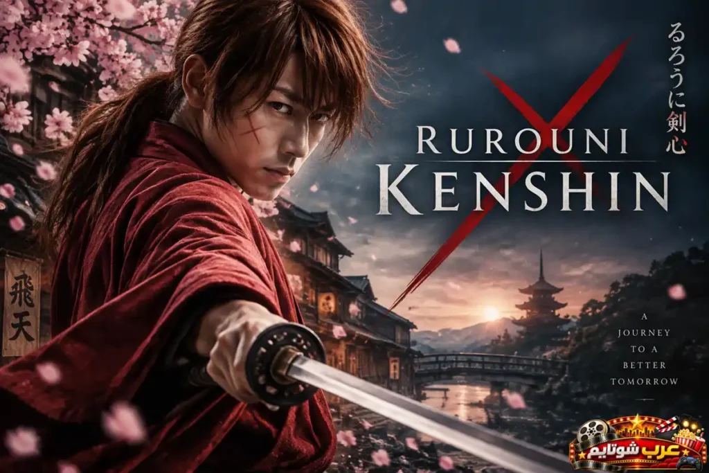 ملصق فيلم روروني كينشين Rurouni Kenshin يظهر المبارز الأسطوري كينشين هيمورا بسيفه ذي النصل المعكوس