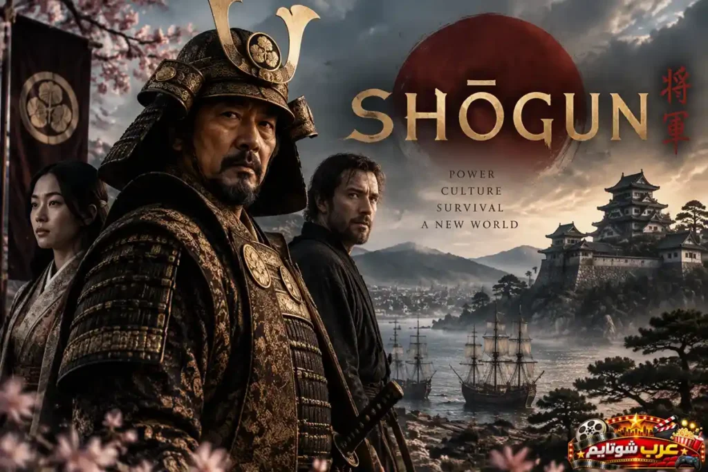 بوستر مسلسل شوغون (Shōgun) يُظهر محارب ساموراي بارزًا إلى جانب شخصيات رئيسية أخرى، مع سفن تاريخية وقلعة يابانية في الخلفية وشعار المسلسل في أعلى الصورة.