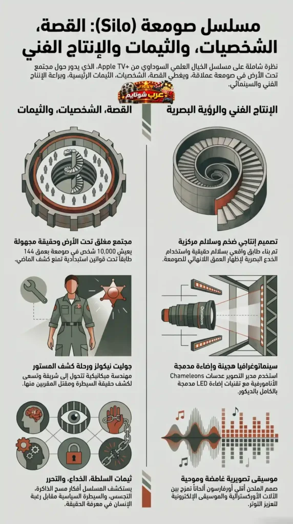 انفوجرافيك يوضح قصة، شخصيات، وثيمات مسلسل الخيال العلمي الصومعة Silo