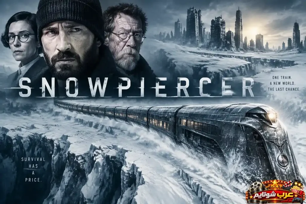 بوستر فيلم Snowpiercer يظهر فيه قطار عملاق يسير وسط عالم متجمد ووجوه أبطال الفيلم في الأعلى مع شعار الفيلم.