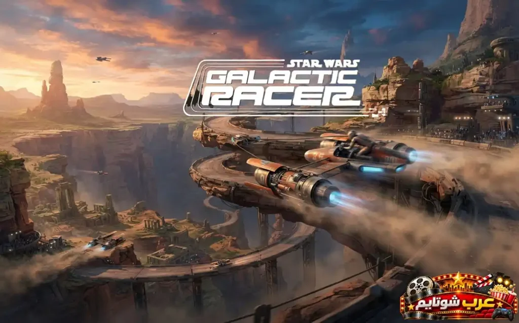 ملصق لعبة Star Wars: Galactic Racer يُظهر مركبات سباق مستقبلية تنطلق بسرعات عالية فوق مسارات معلقة بين الوديان الصخرية، مع ظهور شعار اللعبة بالإنجليزية في مقدمة المشهد.