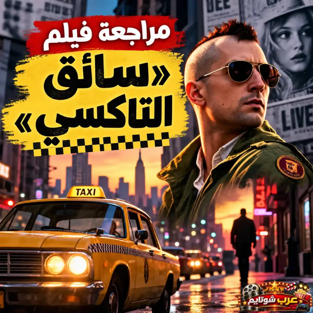 ملصق عربي لفيلم «سائق التاكسي» (Taxi Driver) يظهر سيارة أجرة صفراء في شوارع نيويورك وشخصية ترافيس بيكل، ضمن مراجعة تتناول قصة الفيلم وشخصياته ورسائله الاجتماعية.