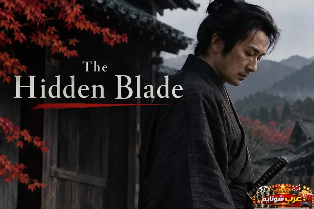 ملصق فيلم النصل الخفي The Hidden Blade يظهر محارب ساموراي ياباني بملابسه التقليدية مع أوراق شجر حمراء