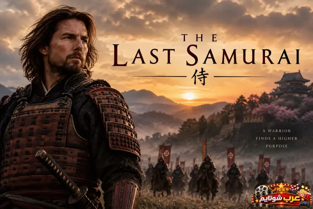 ملصق فيلم الساموراي الأخير The Twilight Samurai يظهر توم كروز بزي الساموراي أمام خلفية حربية وجبال اليابان