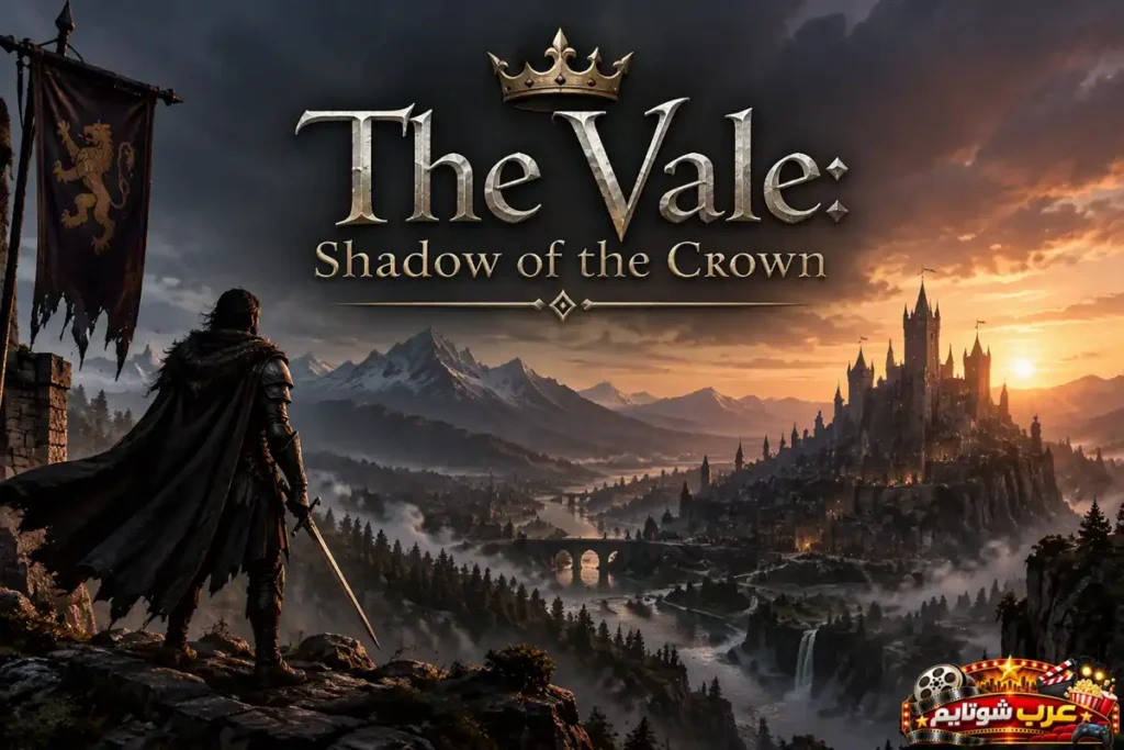 ملصق لعبة The Vale: Shadow of the Crown يظهر محارباً يقف على صخرة مطلاً على قلعة ومحاطاً بجبال وضباب مع شعار اللعبة والتاج في الأعلى.