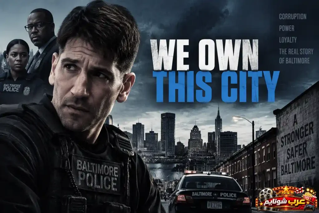 ملصق مسلسل «نحن نملك هذه المدينة» (We Own This City) يظهر عناصر من شرطة بالتيمور وخلفية حضرية تعكس أجواء الفساد والتحقيقات الجنائية في قصة مستندة إلى أحداث حقيقية.