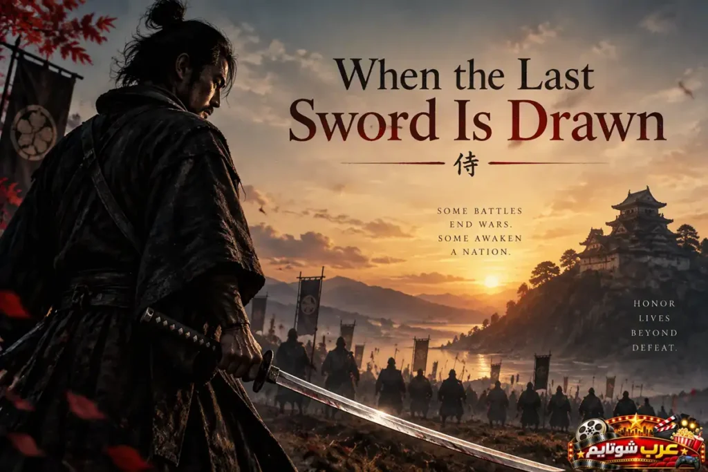 ملصق فيلم عندما يُستل السيف الأخير When the Last Sword Is Drawn يظهر محارب ساموراي يمسك بسيفه أمام ساحة معركة