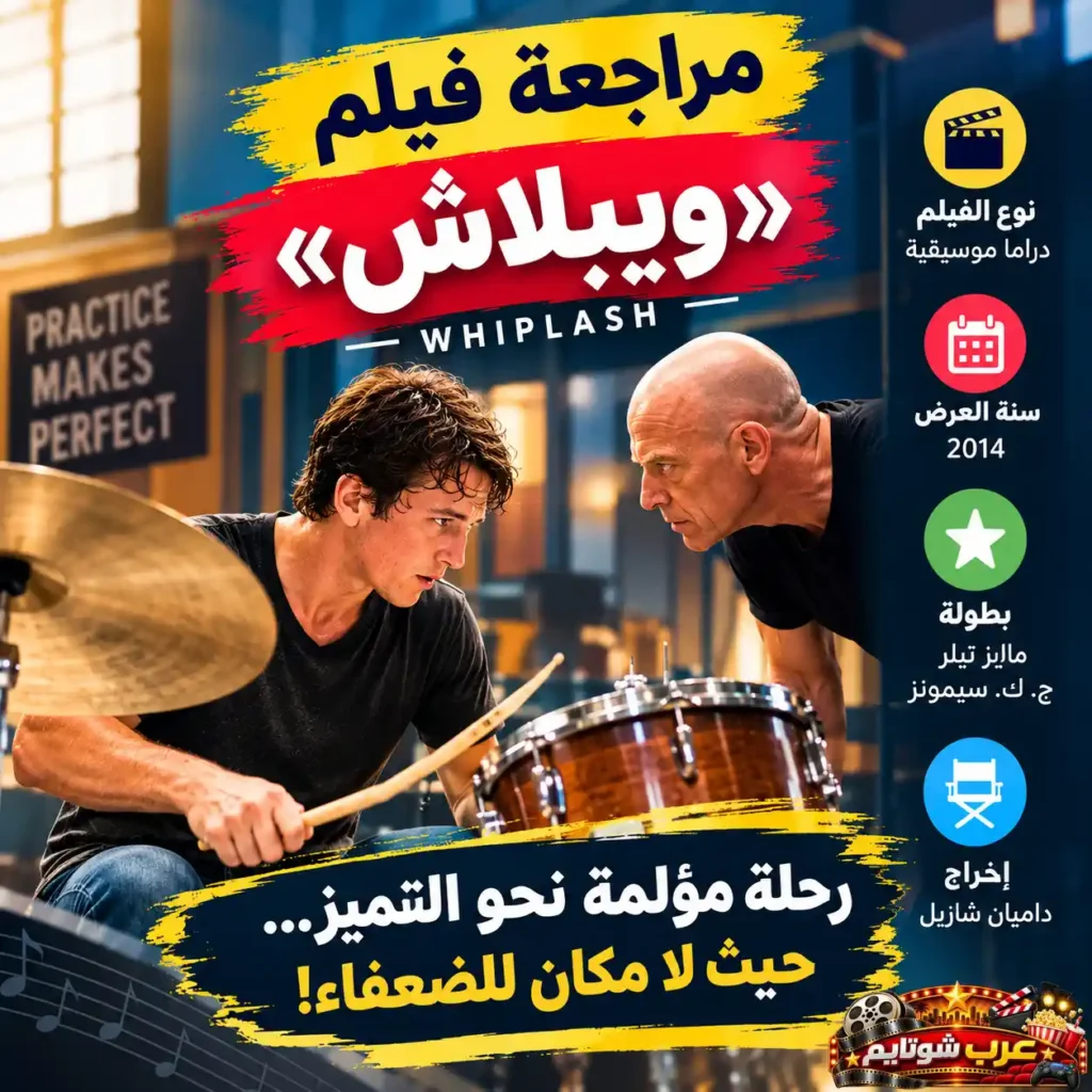 ملصق تعريفي وبطاقة معلومات لفيلم ويبلاش (Whiplash) توضح طاقم العمل، سنة الإنتاج 2014، والنوع دراما موسيقية.