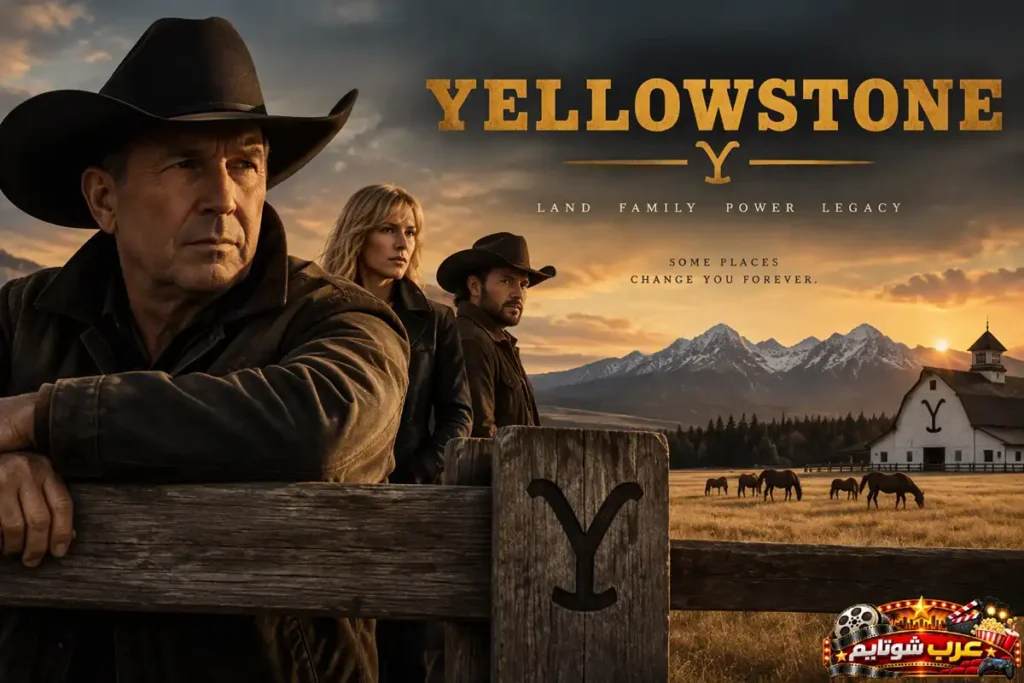 بوستر رسمي لمسلسل يلوستون (Yellowstone) يظهر فيه النجم كيفن كوستنر وأفراد عائلة داتون في المزرعة.